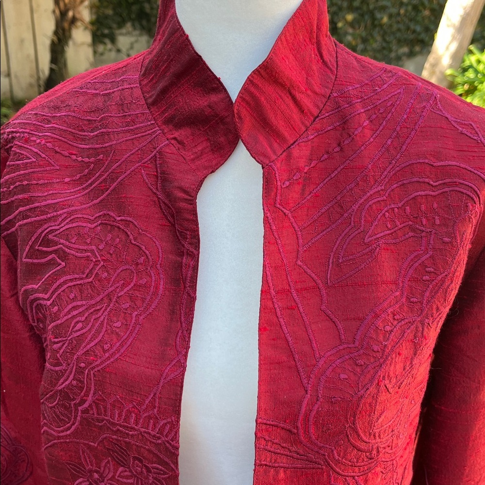 Silk 100% Elegant Red Women's Jacket Indian Embroidered Size S - Picture 7 of 9